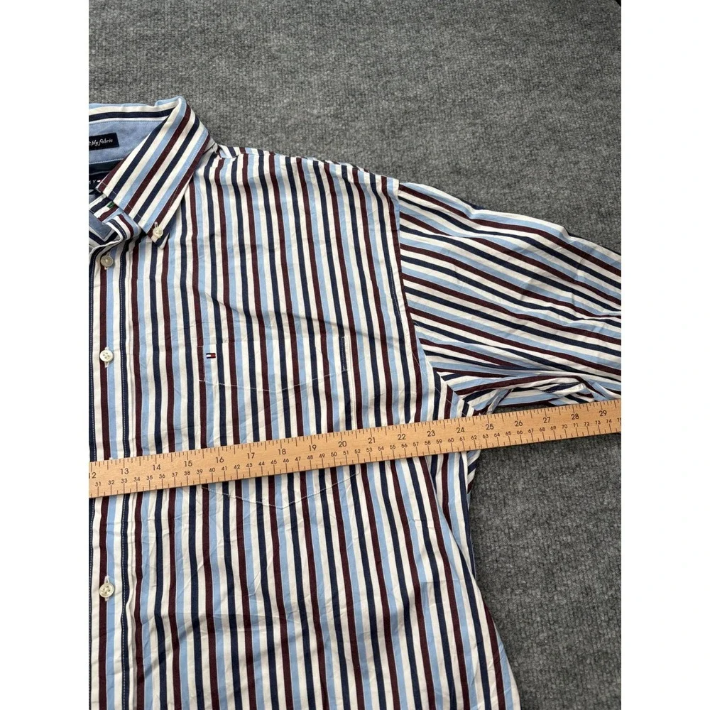 Tommy Hilfiger Men‎ XL Striped Button Down Shirt Blue Burgundy 80s 2-Ply Cotton